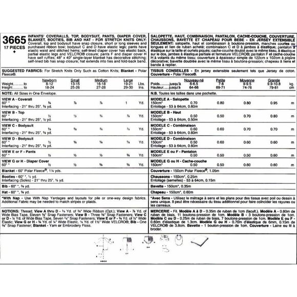 McCalls Sewing Pattern 3665 Infant NB-L Coveralls Tops Pants Bodysuit Bib - Picture 2 of 2